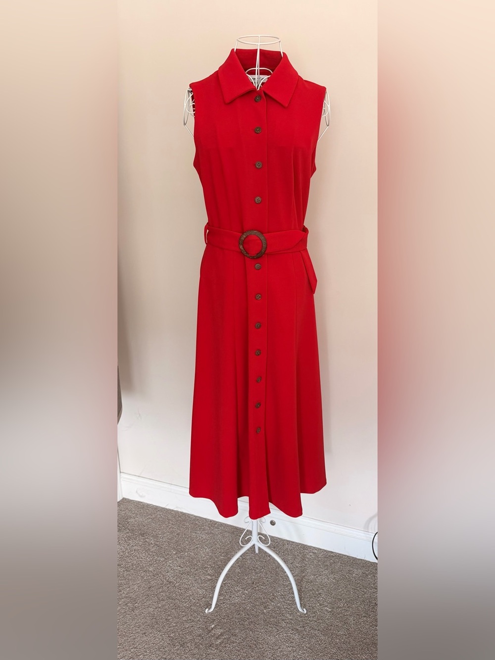 Calvin Klein Red Sleeveless Belted Shirt Midi Dress Size 6